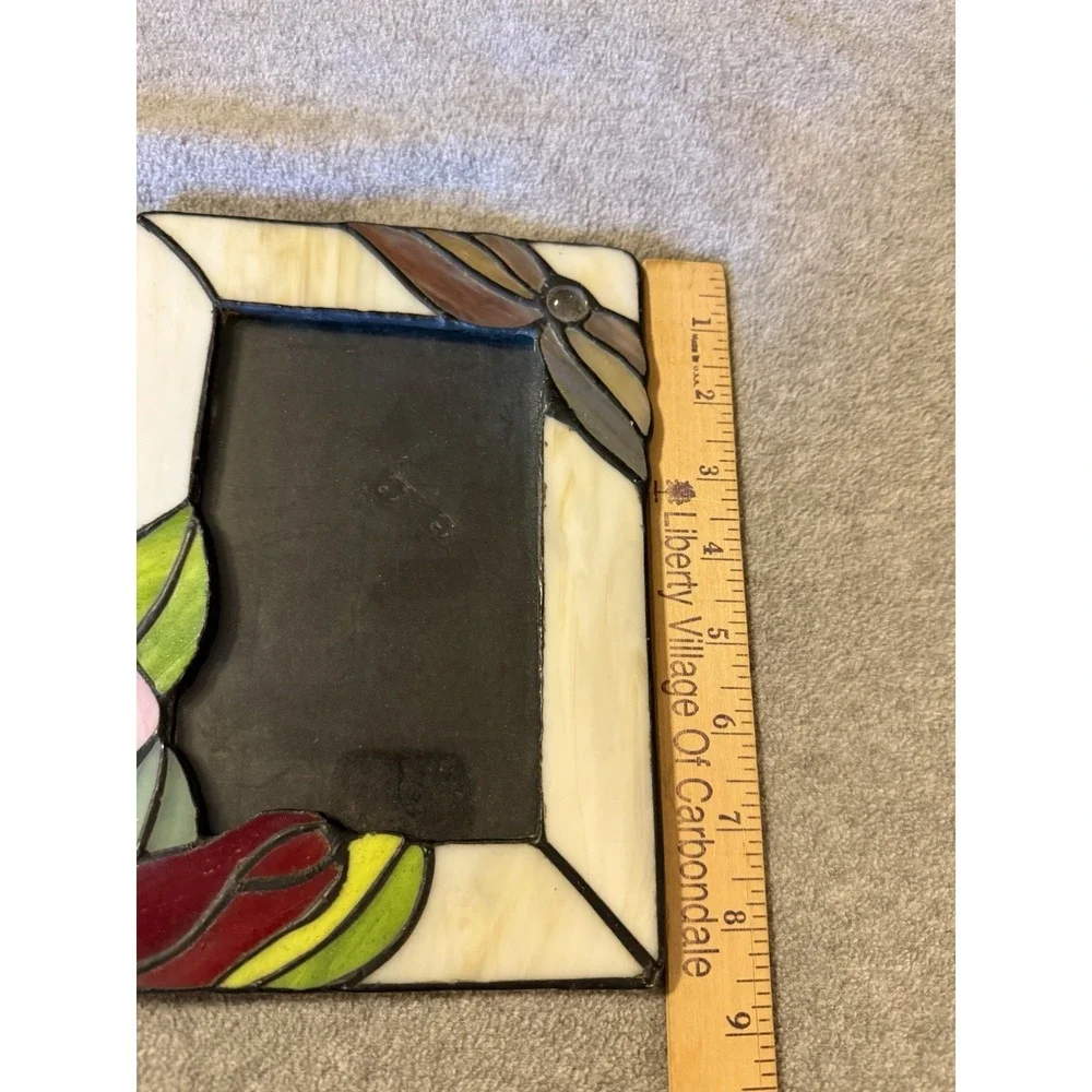 Vintage Colorful Stained Glass Picture Photo Frame W 3D Rose Floral Motif 1990s